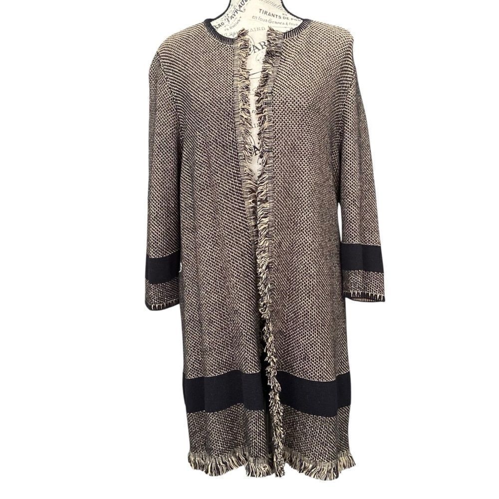 Kasper Open Front Fringe Cardigan in Brown and Black Size 1X
